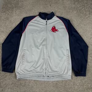 Boston Red Sox Jacket Mens L Gray Navy Baseball Zip Windbreaker Track Coat READ